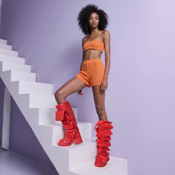 Women's Red Pu Fold Over Knee Slouchy Ruched Stacked Heel Round Toe Boots - Picture 2 of 7